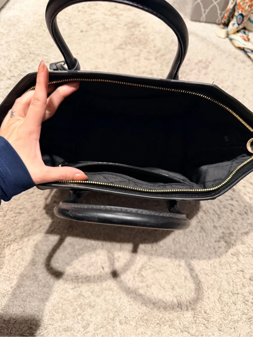 Michael Kors Black Leather Satchel with Gold MK Charm